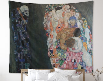 Klimt Tapestry Death And Life Wall Hanging Dramatic Vintage Oil Painting Art Skull Halloween Creepy Gothic Macabre Dark Arts Wall Decor