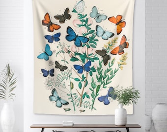 Butterflies Tapestry Vintage Moths Wall Hanging College Dorm Decor Vintage Botanical Illustration Wall Decor by William Forsell Kirby