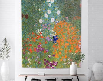 May include: A tapestry featuring a vibrant floral pattern with a variety of flowers in shades of red, orange, yellow, white, and purple. The flowers are arranged in a dense, layered pattern, creating a sense of depth and movement. The background is a soft green, providing a calming contrast to the bright colors of the flowers.