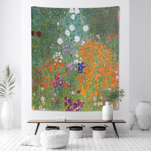 Gustav Klimt Tapestry Bauerngarten Garden Painting Bohemian Wall Hanging Bright Happy Summer Sprint Meadow Floral Boho Decor Bedroom Dorm