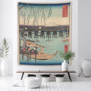 Vintage Japanese Art Wall Tapestry Views Of Mount Fuji Toto Ryogoku Retro Illustration Print Wall Hanging