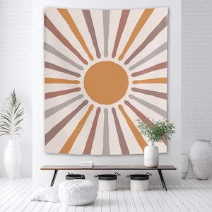 Vintage Sun Tapestry Retro 70s Minimal Geometric Abstract Art Print Boho Wall Hanging Bohemian Decor for Dorm Living Room Bedroom