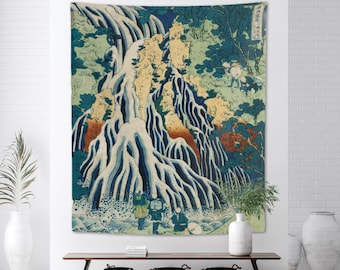 Waterfall at Kurokami Mountain Japanese Tapestry Hokusai Wall Hanging Nature Green Blue Hiking Vintage Landscape Print Dorm Decor
