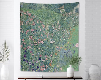 Klimt Tapestry Italian Landscape Wall Hanging Modern Fine Art Vintage Oil Painting Green Nature Flowers Meadow Forest Countryside Wall Decor