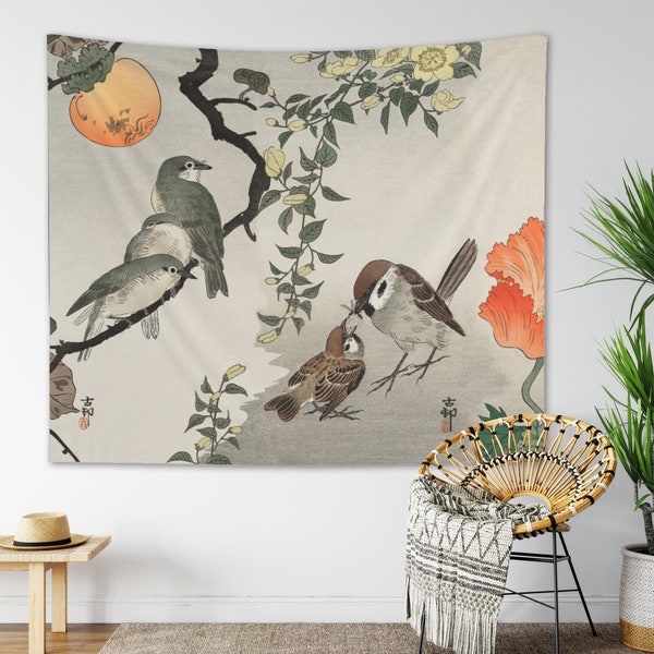 Vintage Birds Tapestry Sparrow Illustration Wall Hangings Retro Birds and Plants Ohara Koson Japanese Art Animal Painting Nature Trees Decor