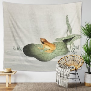 Frog on lotus leaf Tapestry Ohara Koson Wall Hanging Vintage Nature Illustration Retro Animal Decor Antique Japanese Art