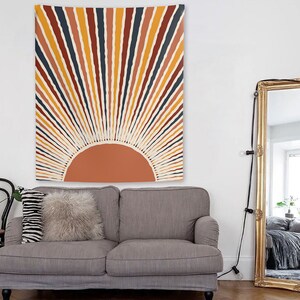 Retro Rising Sun Tapestry Vintage 70s Rainbow Sunshine Minimal Geometric Abstract Print Boho Wall Hanging Bohemian Decor Dorm Living Room