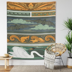 Vintage Animals Tapestry Birds Bats Squirrel Swan Wall Hanging Green Orange Bohemian Retro Ornamental Pattern Decor Maurice Pillard Verneuil