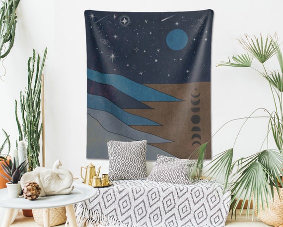Vintage Moon Tapestry Starry Night Landscape Sea Ocean Retro Grunge 70s Celestial Oriental Boho Wall Hanging Bohemian Decor Dorm Bedroom