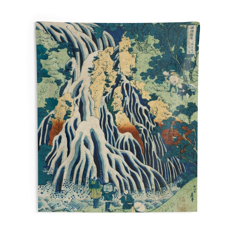 Waterfall at Kurokami Mountain Japanese Tapestry Hokusai Wall Hanging Nature Green Blue Hiking Vintage Landscape Print Dorm Decor image 4