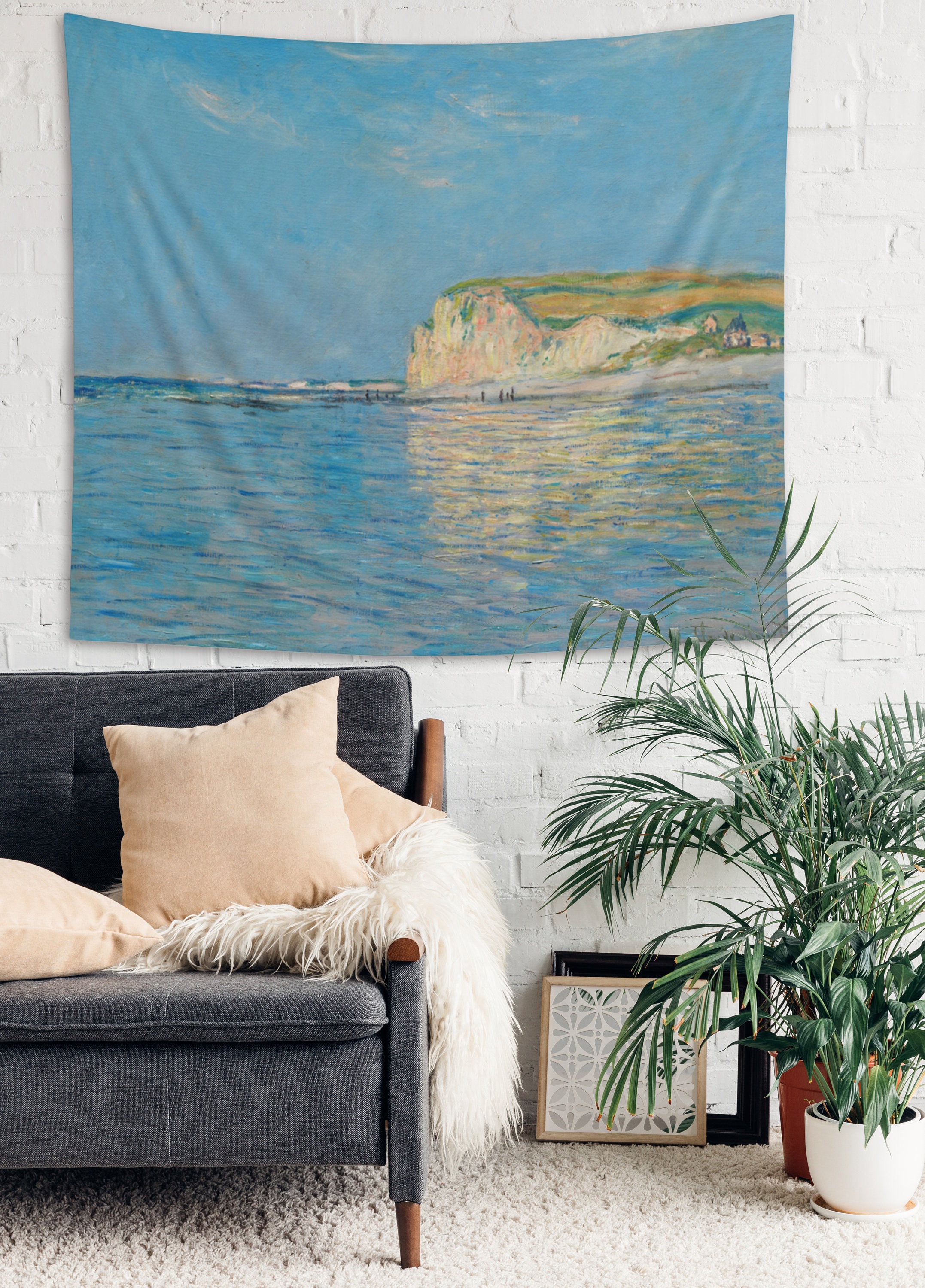 Monet Tapestry Blue Sea Wall Hanging Nature Landscape Low Tide Pourville Ocean Classical Painting French Impressionism Bohemian Decor