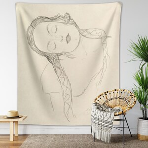 Klimt Wall Hanging Portrait Of Young Woman Figure Tapestry Vintage Face Sketch Retro Boho Beige Plaits Minimal Aesthetic Girl Drawing Decor