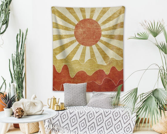 Rising Sun, 51x60 Vintage Sun and Moon Tapestry Retro 70s Rainbow Sunrise Sunset Minimal Geometric Grunge Abstract Art Print Boho Wall Hanging Hippie Meditation Celestial Bohemian Decor for Dorm Living Room Nursery Bedroom
