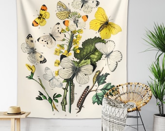 Butterflies Moths Tapestry William Forsell Kirby Wall Hanging Yellow Floral Bohemian Vintage Botanical Illustration flowers caterpillars
