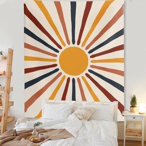 Vintage Sun Tapestry Retro 70s Minimal Geometric Abstract Art Print Boho Wall Hanging Bohemian Decor for Dorm Living Room Bedroom