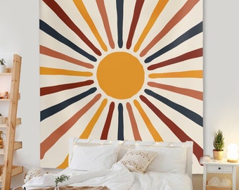Vintage Sun Tapestry Retro 70s Minimal Geometric Abstract Art Print Boho Wall Hanging Bohemian Decor for Dorm Living Room Bedroom