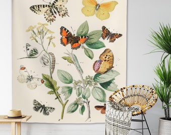 Vintage Butterflies and Moths Illustration Tapestry William Forsell Kirby Wall Hanging Caterpillars Flowers Bohemian Floral Dorm Decor