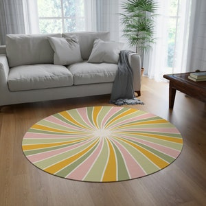 70s Round Rainbow Rug - Vintage Bohemian 70s Sun Rays Floor Mat - Boho Hippie Carpet Pastel Green Beige Orange Meditation Area Rug