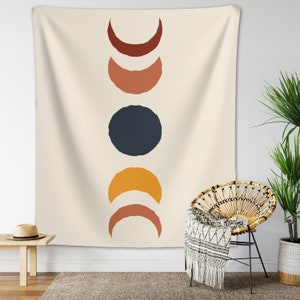 Vintage Moon Tapestry Bohemian Wall Hanging Beige Orange Terracotta Celestial Moon Phases Meditation Wiccan Yoga Bohemian Dorm Room Decor