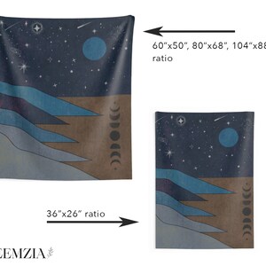 May include: A tapestry featuring a night sky with stars, a crescent moon, and a blue planet. The tapestry also features a brown and blue mountain range. The tapestry is available in two sizes: 36 inches by 26 inches and 60 inches by 50 inches.
