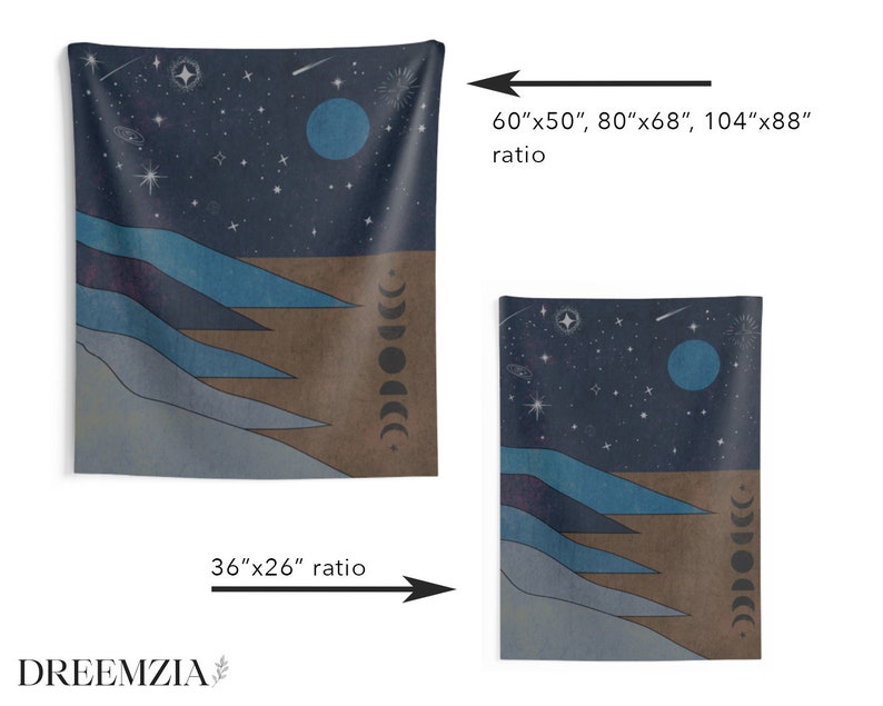 May include: A tapestry featuring a night sky with stars, a crescent moon, and a blue planet. The tapestry also features a brown and blue mountain range. The tapestry is available in two sizes: 36 inches by 26 inches and 60 inches by 50 inches.