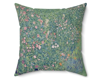 Almohada de paisaje italiano Klimt - Bellas artes Pintura vintage Verde Naturaleza Flores Prado Campo Boho Cuadrado Cojín Sofá Cojín