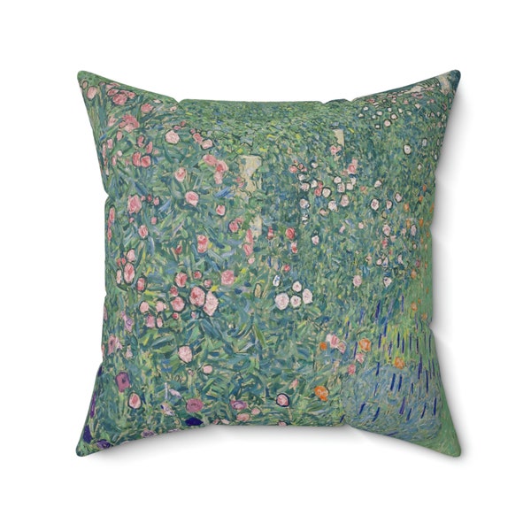 Klimt Italien Paysage Oreiller - Fine Art vintage Peinture Vert Nature Fleurs Prairie Campagne Boho Carré Coussin Canapé Coussin