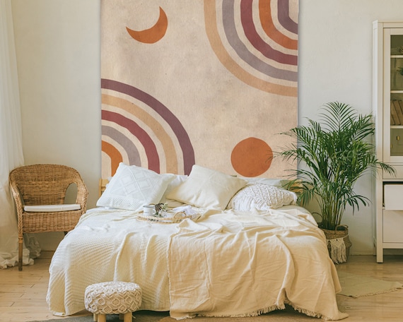 Vintage Sun Moon Tapestry Retro Grunge 70s Rainbow Wall Hanging Beige Brown Minimal Abstract Geometric Boho Wall Decor Bohemian Dorm Decor Etsy