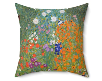 Klimt Bauerngarten Pillow - Fine Art Vintage Painting Naranja Verde Naturaleza Flores Prado Campo Boho Square Throw Pillow Sofá Cojín