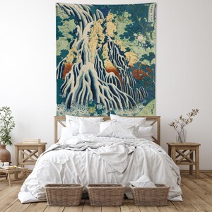 Waterfall at Kurokami Mountain Japanese Tapestry Hokusai Wall Hanging Nature Green Blue Hiking Vintage Landscape Print Dorm Decor image 2