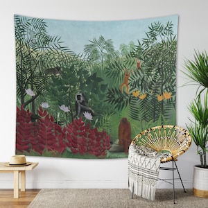 Tropical Forest with Monkeys Wall Hanging Rousseau Tapestry Vintage Bohemian Wall Decor for Dorm Bedroom Living Room Boho Nature Animal Art
