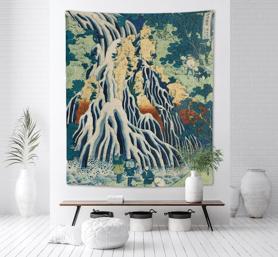 Waterfall at Kurokami Mountain Japanese Tapestry Hokusai Wall Hanging Nature Green Blue Hiking Vintage Landscape Print Dorm Decor