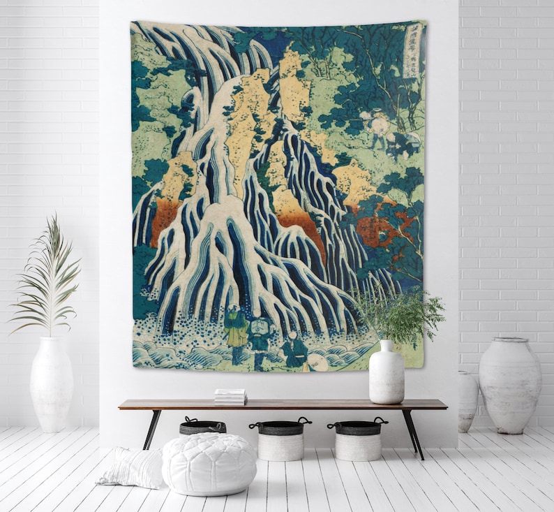 Waterfall at Kurokami Mountain Japanese Tapestry Hokusai Wall Hanging Nature Green Blue Hiking Vintage Landscape Print Dorm Decor image 1