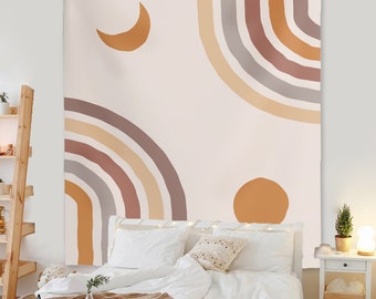 Vintage Sun Moon Tapestry Retro 70s Rainbow Wall Hanging Beige Brown Minimal Abstract Geometric Boho Wall Decor Bohemian Dorm Decor