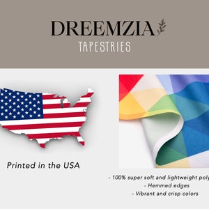 May include: A colorful tapestry with a geometric pattern. The tapestry is made of 100% super soft and lightweight polyester. It has hemmed edges and vibrant colors. The tapestry is printed in the USA.
