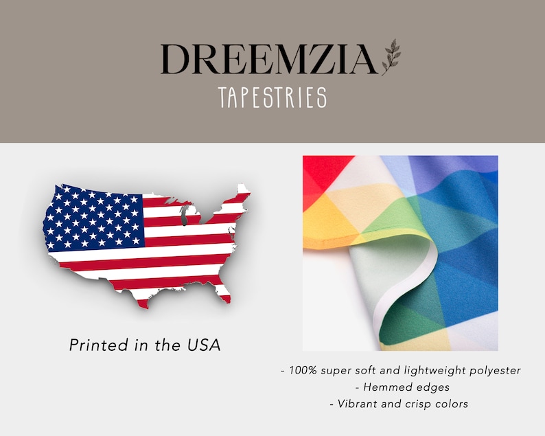 May include: A colorful tapestry with a geometric pattern. The tapestry is made of 100% super soft and lightweight polyester. It has hemmed edges and vibrant colors. The tapestry is printed in the USA.