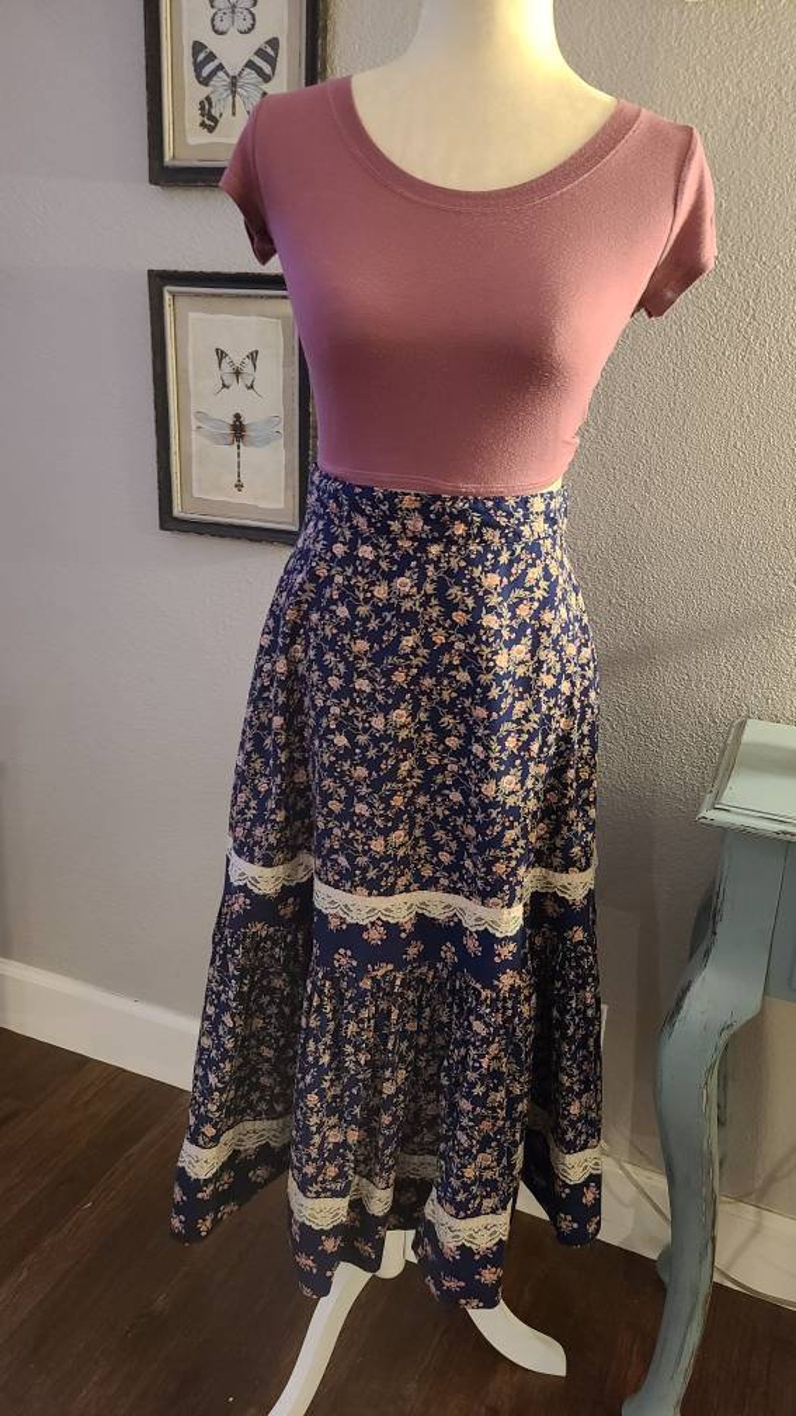 Authentic Gunne Sax Skirt in Navy Floral Calico 1970s Boho | Etsy UK