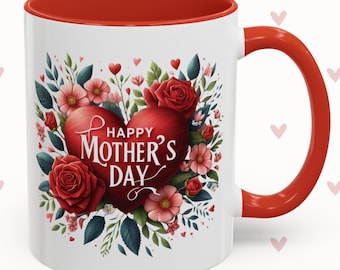 Happy Mothers Day Mug – Floral Design with Roses & Heart, Gift for Mom, Microwave and Dishwasher Safe, 11oz and 15oz Ceramic Cup, Mommy Gift