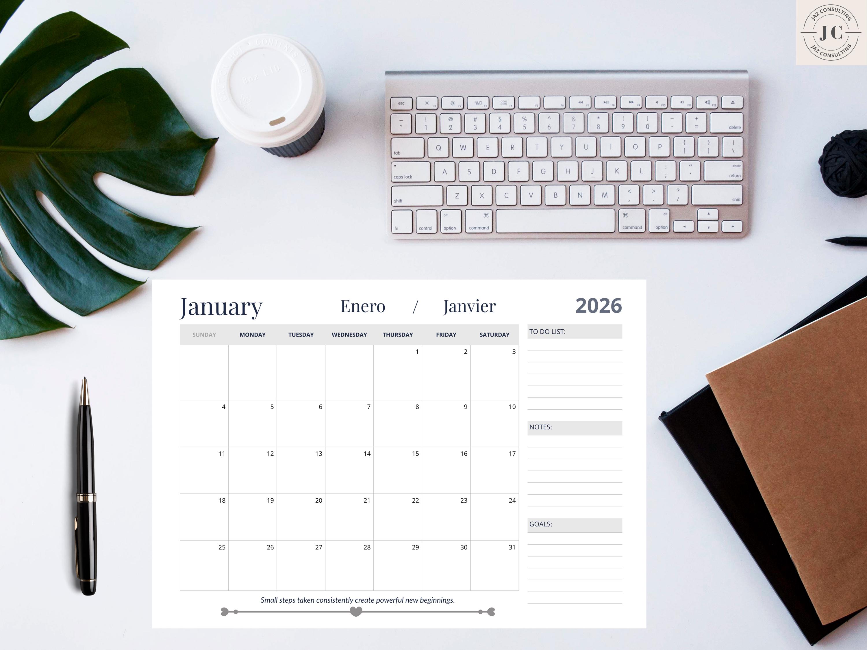 2026 Calendar & Monthly Planner Printable PDF | A4 A3 US Letter