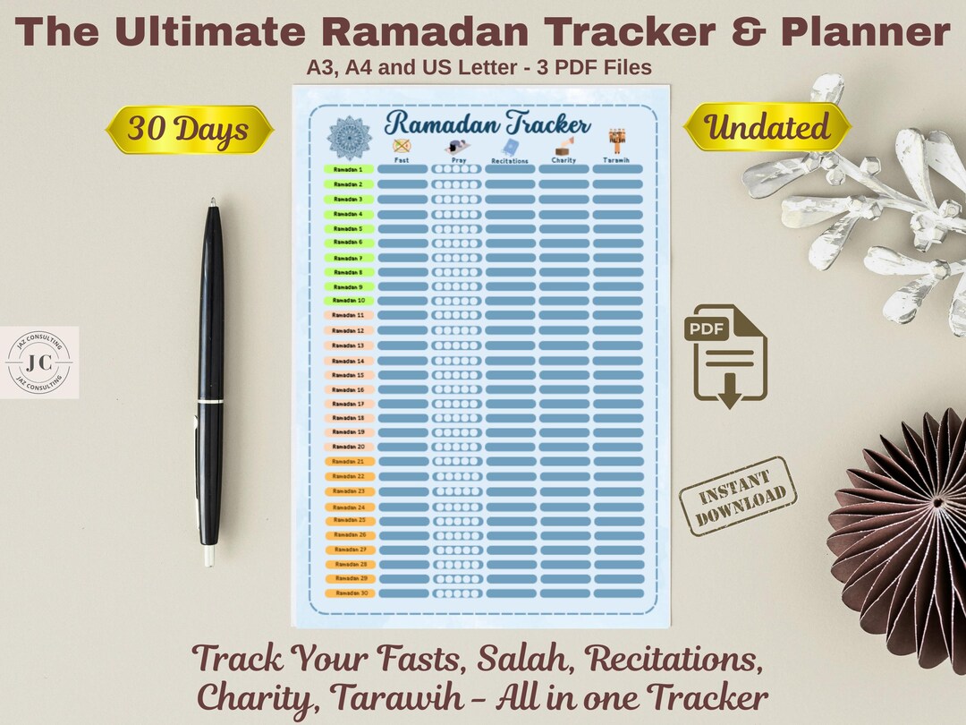 Ramadan Tracker Digital Printable 30‑day Fasting, Salah, Quran, Charity ...