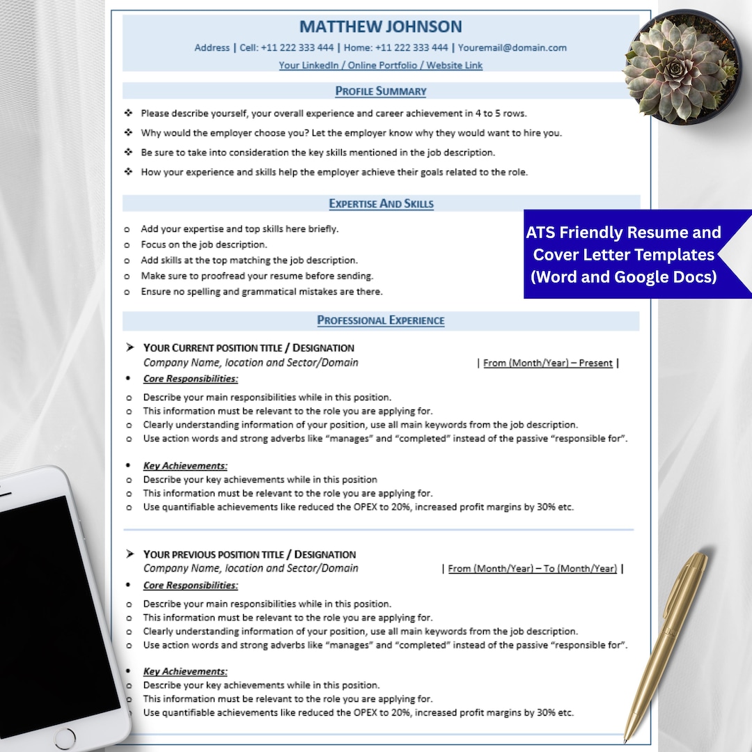 ATS Resume Template: Professional CV & Cover Letter (editable Download ...