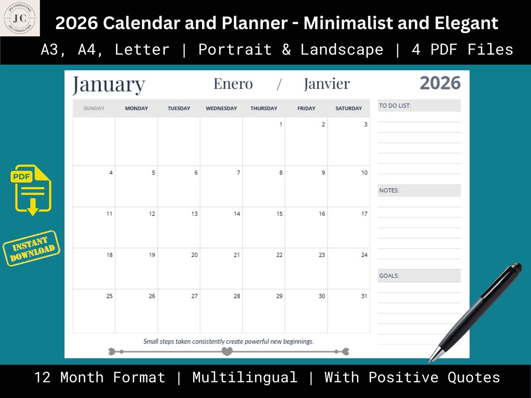 2026 Monthly Planner Printable | Minimalist A4 A3 US Letter (PDF