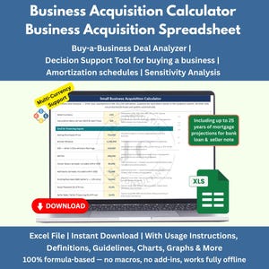 May include: A digital business acquisition calculator spreadsheet displayed on a laptop screen. The interface includes fields for deal and financing inputs, amortization schedules, and sensitivity analysis. Features include multi-currency support, XLS file format, and a red download button.