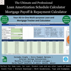 Loan Amortization Calculator with Extra Payments & Chart | Advanced Mortgage Calculator Excel Spreadsheet Loan Repayment schedule Digital DL