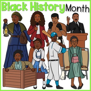 Puede incluir: Ilustración con figuras que representan el Mes de la Historia Negra. La imagen incluye representaciones de dibujos animados de figuras históricas, incluyendo una mujer con una linterna, una mujer con un micrófono, un boxeador, un orador, un jugador de béisbol, una persona en una caja de madera, una niña con una maleta y una mujer sentada.