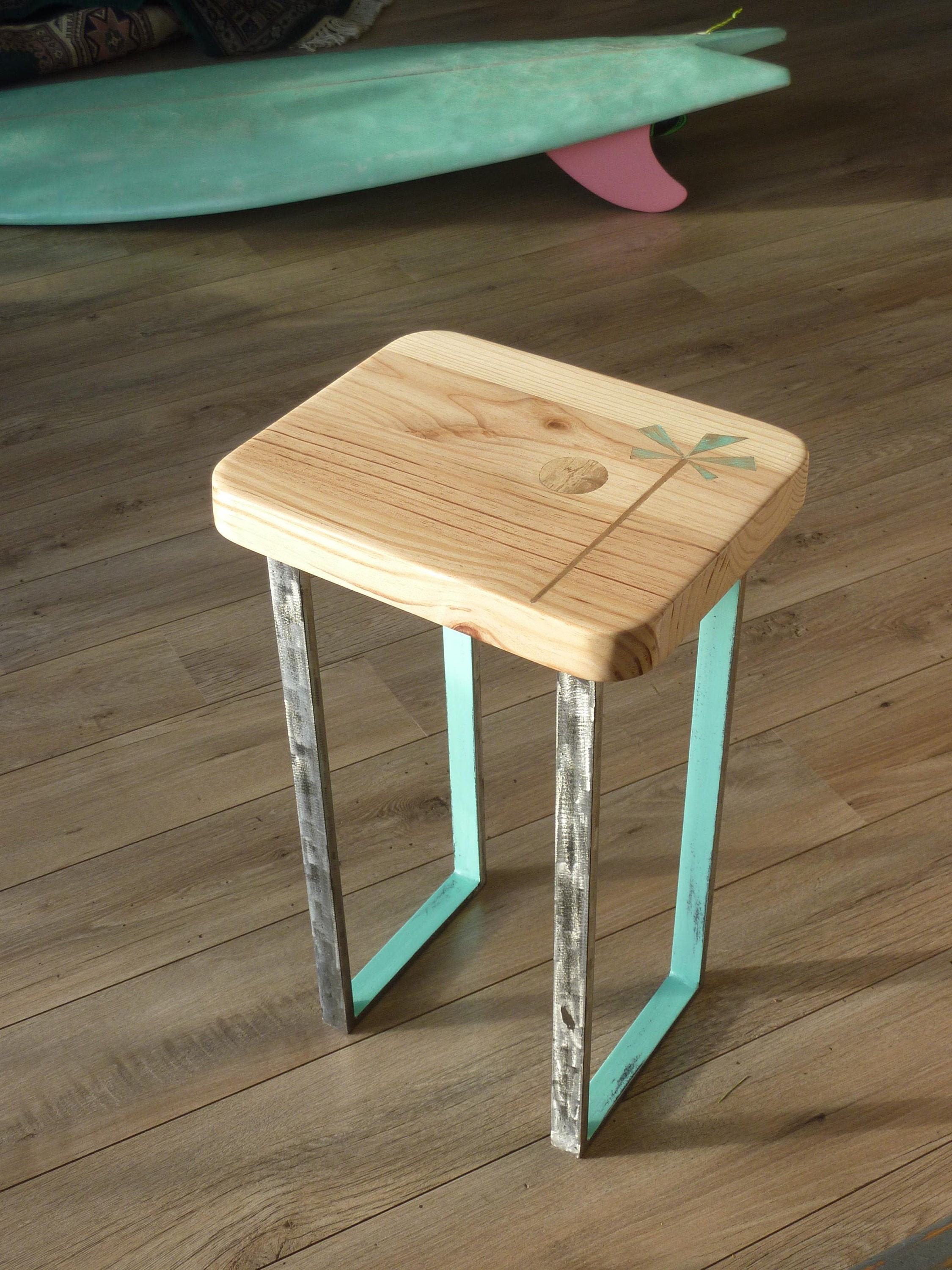 Gabian - Turquoise Live Edge Stool With Steel Legs & Palmtree