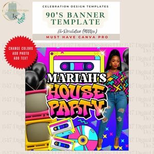 Può includere: Un vivace banner anni '90 con la scritta "Mariah's House Party" in lettere colorate. Il design include musicassette, un CD e una donna in abiti anni '90. Modello digitale per Canva Pro, alta risoluzione (4000px).
