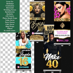 May include: A collection of roll-up banners with birthday themes. Designs include gold and black color schemes, featuring images of people, balloons, and text such as "Happy Birthday" and names. Some banners also advertise salon services.
