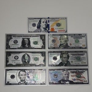 Silver Metallic Money Bills Currency Manifestation Prosperity Abundance Success 100 50 20 10 5 2 1 Banknotes 24k gold plated Gold Foil Bill