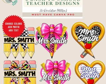 Puede incluir: Un diseño digital con seis diseños para profesores de vuelta al cole. Los diseños incluyen lápices, corazones y lazos, con el texto "Mrs. Smith" y la opción de cambiar colores, añadir fotos y texto. Alta resolución.